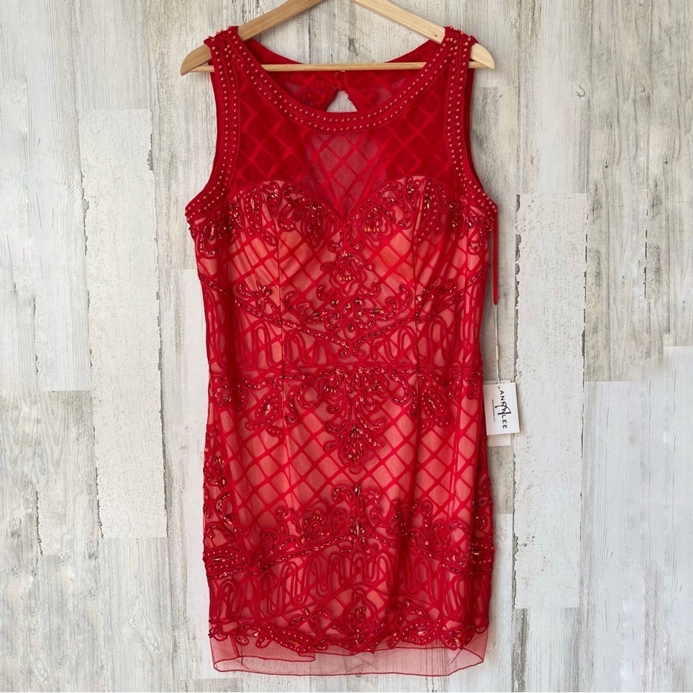 Anny Lee Red Beaded Party Cocktail Prom Mini Dress Size XXL